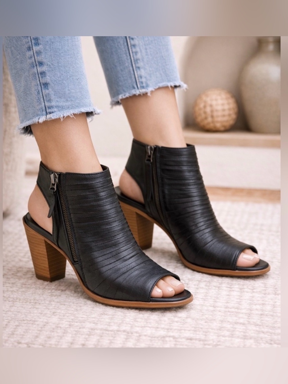 Paul Green Cayanne Black Leather Peep Toe Booties Heels Slingback US 10 UK 7.5